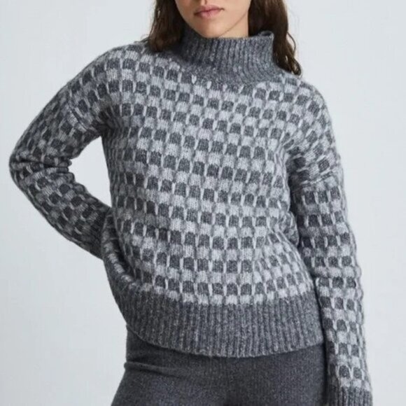Everlane The Cloud Checkered Turtleneck Wool Alpaca Cotton Blend Sweater Gray XS - Picture 1 of 6
